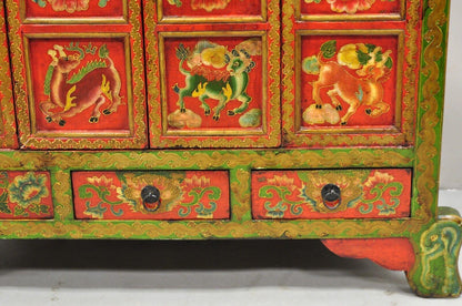 Tibetan Red and Green Hand Painted Wooden Buffet Cabinet Chest w/ Horse & Dragon