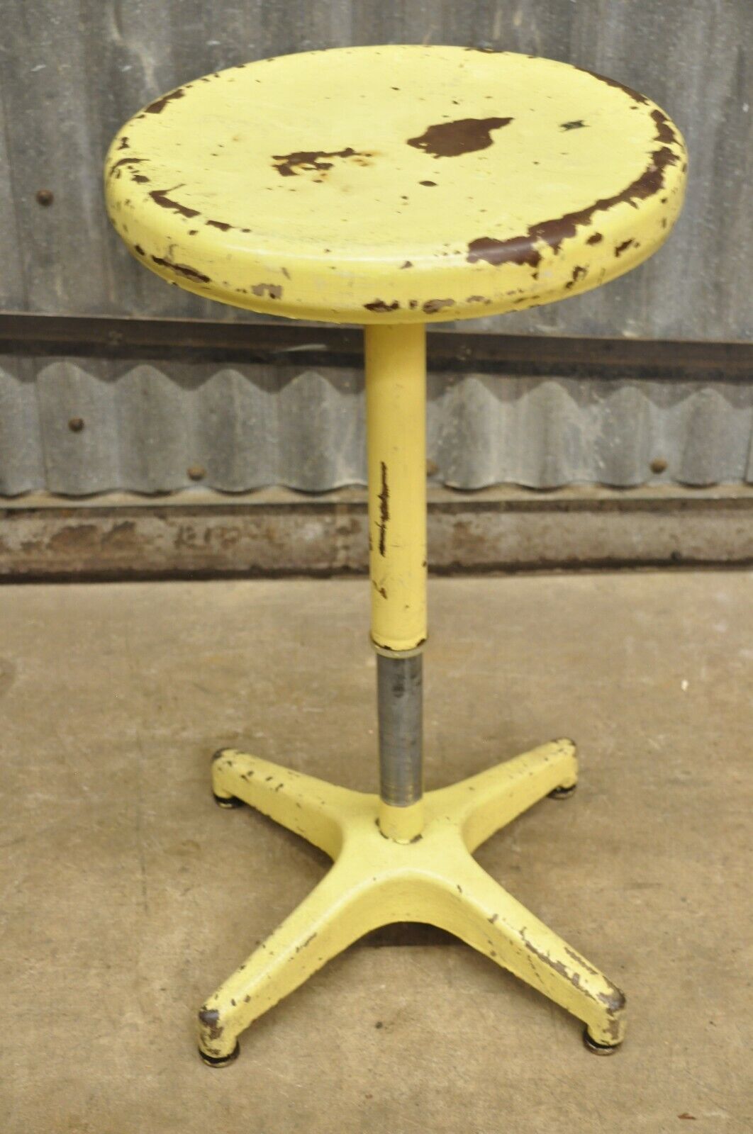 Vintage Ajustrite American Industrial Steel Metal Yellow Paint Adjustable Stool