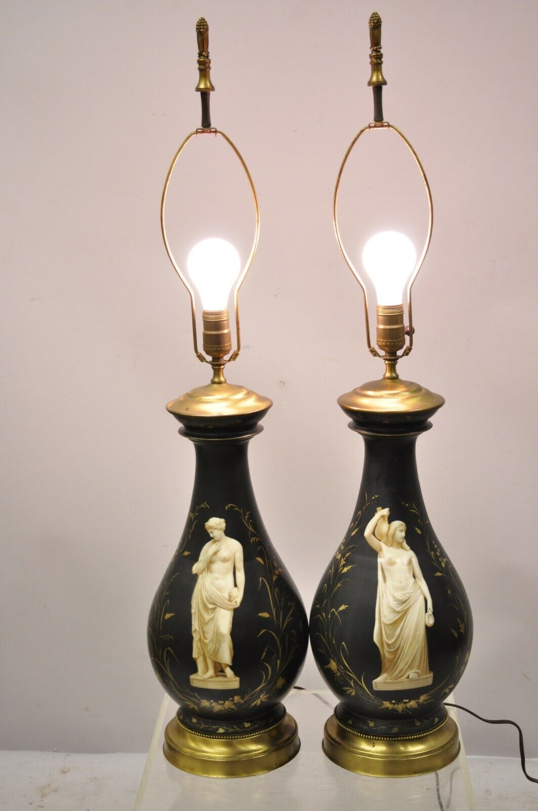 Antique French Neoclassical Black Porcelain Classical Bulbous Table Lamps - Pair