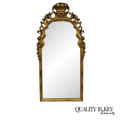 Antique French Rococo Style Gold Giltwood 65" Large Trumeau Mirror Fruit Basket