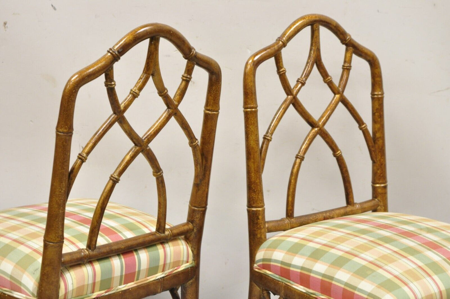 Vintage Chinese Chippendale Faux Bamboo Gold Gilt Hollywood Regency Side Chairs