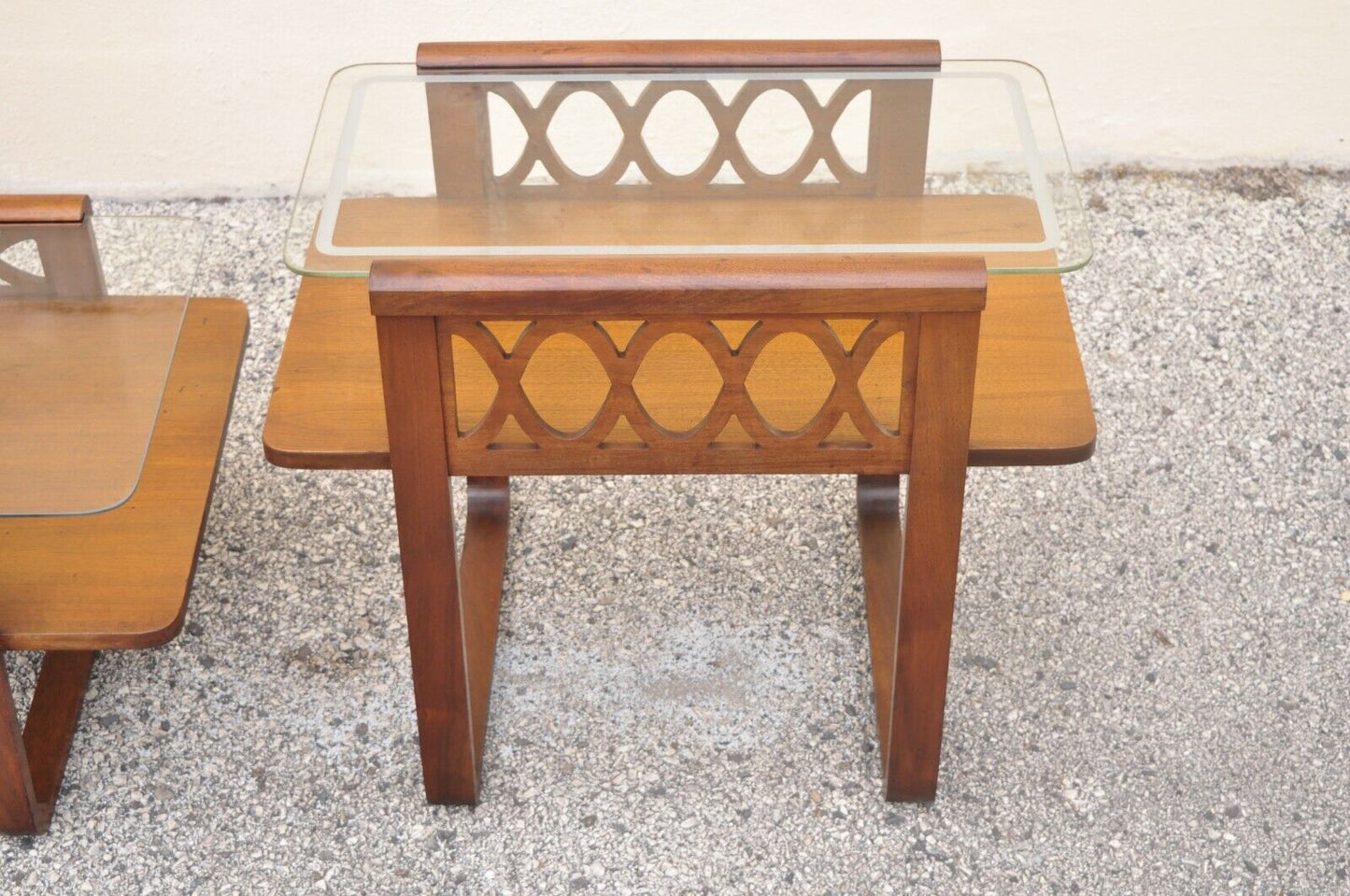 Vintage Art Deco Mid Century Mahogany & Glass Coffee Table Set by Superior 3 Pc