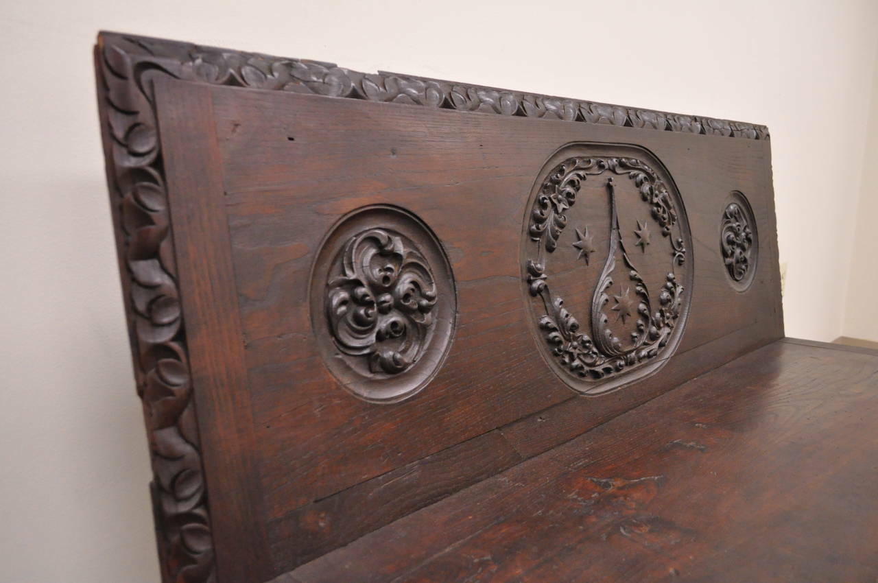 17th Century English Renaissance Carved Oak and Wrought Iron Bench Banquette