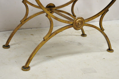 Italian Hollywood Regency Gold Gilt Iron Curule X-Form Vanity Bench Seat Stool