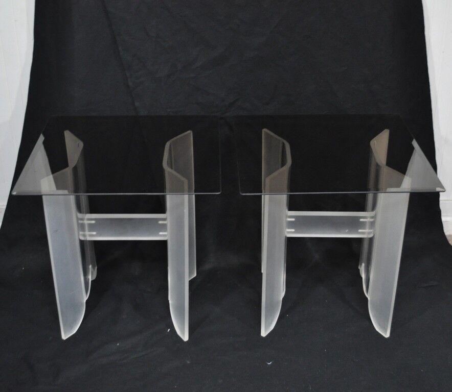 Vintage Pair Mid Century Modern Frosted Lucite & Glass Butterfly End Side Tables