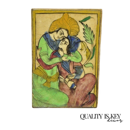 Antique Persian Iznik Qajar Style Green Ceramic Pottery Tile Loving Couple C5