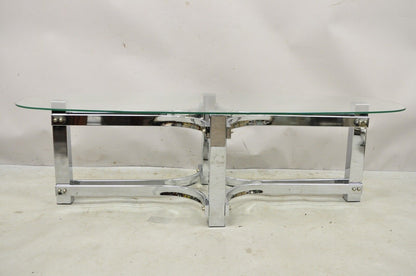 Vintage Mid Century Modern Oval Glass Top Sculptural Chrome Frame Coffee Table