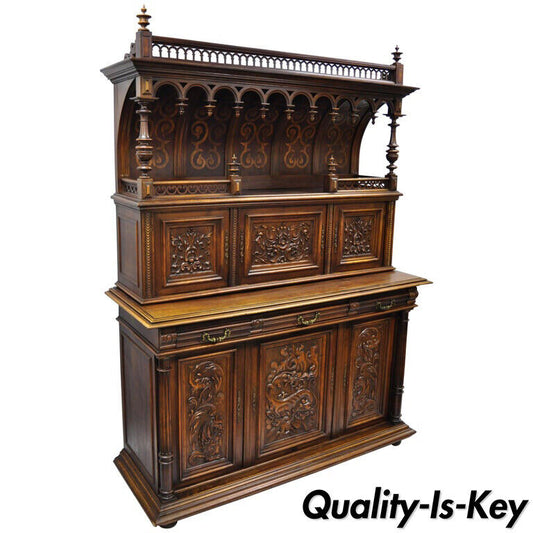 Gothic Renaissance Revival Carved Walnut Dragon Griffin Sideboard Hutch Cabinet