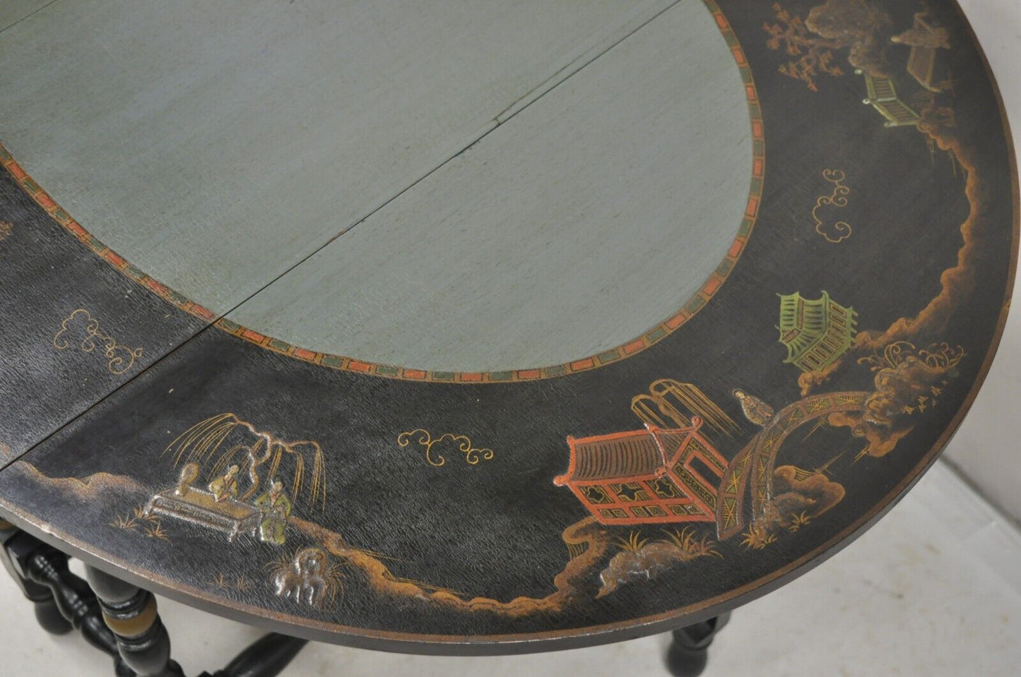 Antique Chinoiserie Lacquered Chinese Gate Leg Drop Leaf Blue Oval Side Table