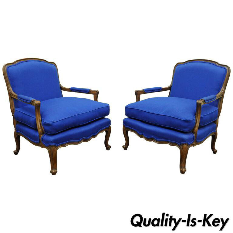 Pair Baker Furniture Provincial French Country Louis XV Blue Bergere Arm Chairs