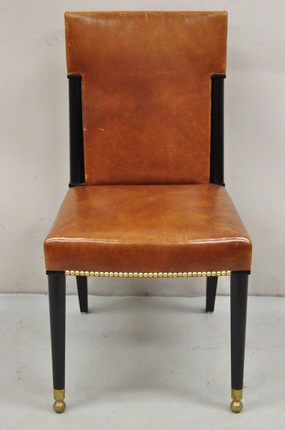 French Art Deco Style Brown Leather Ebonized Frame Dining Chairs - Set of 8