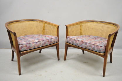 Pair Milo Baughman Thayer Coggin Cane Barrel Back Walnut Club Lounge Chairs