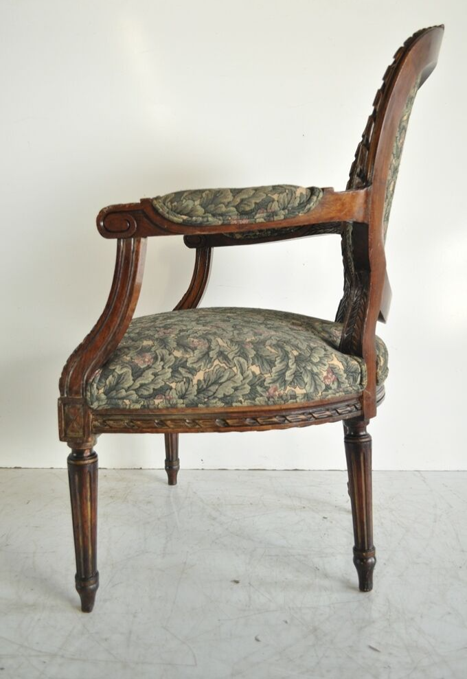 Vintage French Louis XVI Style Carved Walnut Fireside Arm Chair Fauteuil