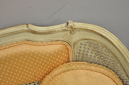 Vintage French Louis XV Victorian Style Small Cane Cream Settee Loveseat Sofa