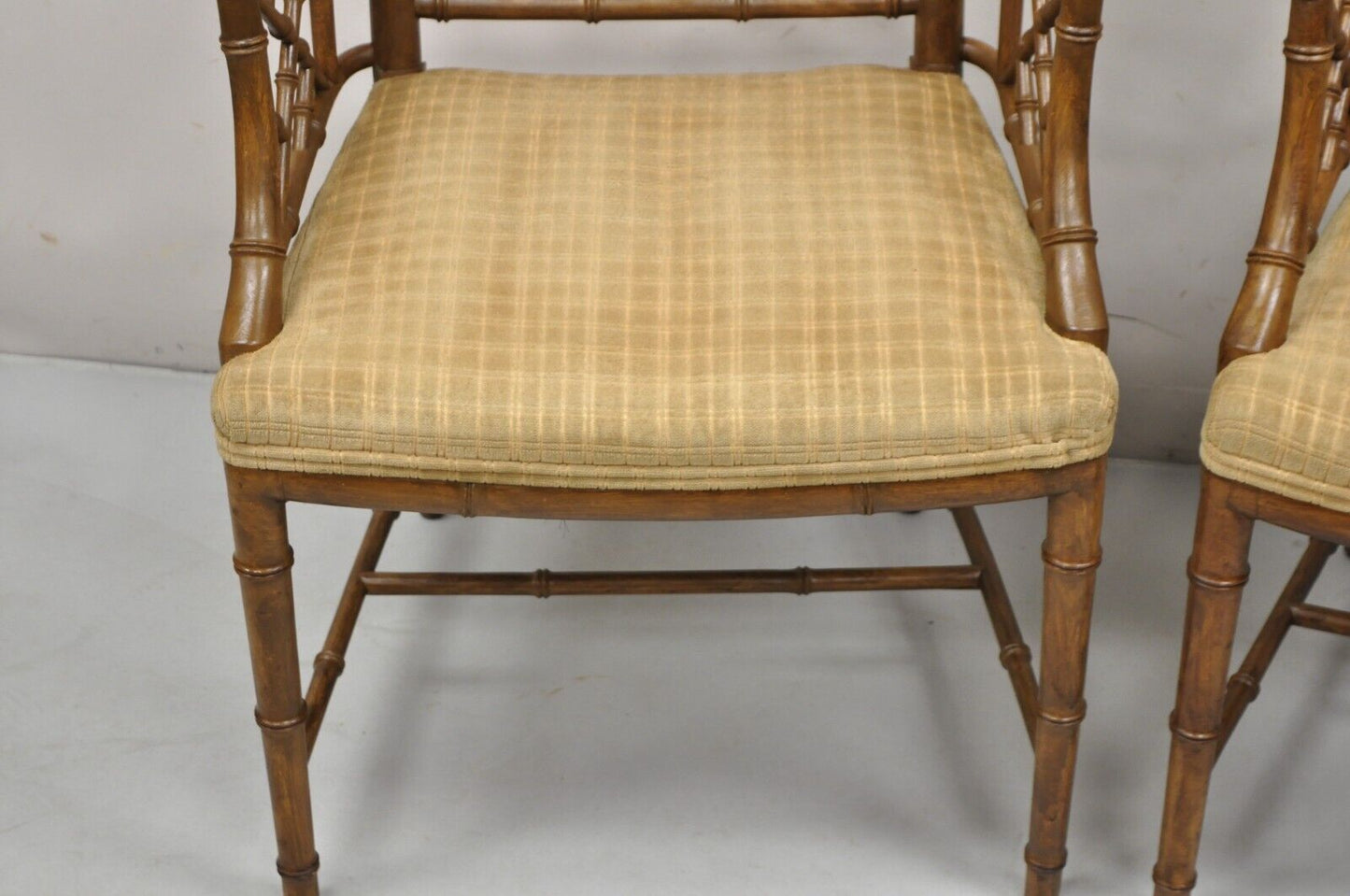 Hollywood Regency Faux Bamboo Fretwork Chinese Chippendale Arm Chairs - Pair