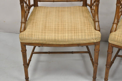 Hollywood Regency Faux Bamboo Fretwork Chinese Chippendale Arm Chairs - Pair