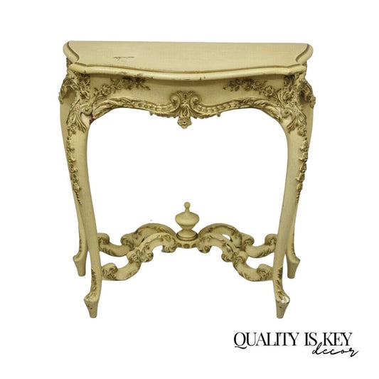 Vintage French Louis XV Style Cream Painted 32" Floral Carved Console Hall Table