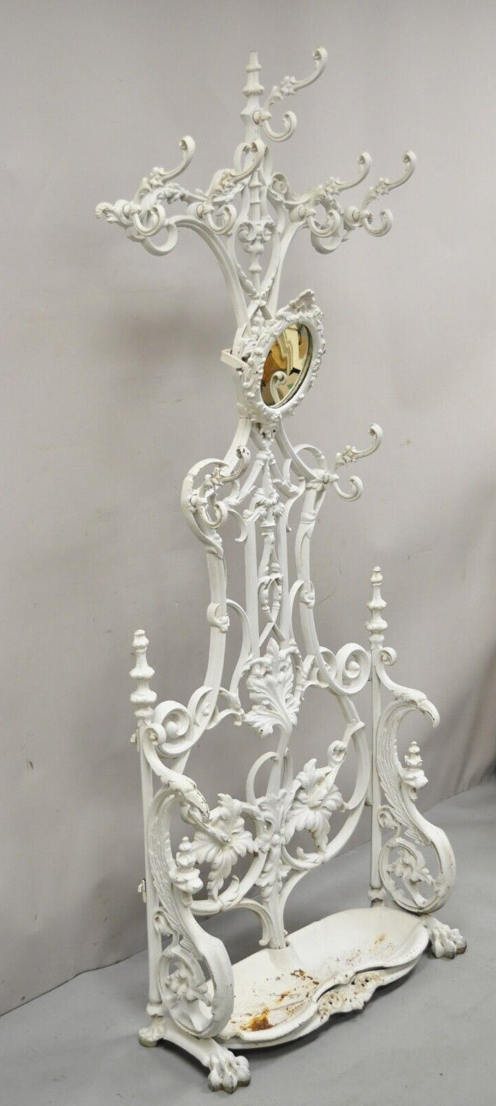 Antique French Art Nouveau Cast Iron Hall Tree Mirror Stand attr Alfred Corneau