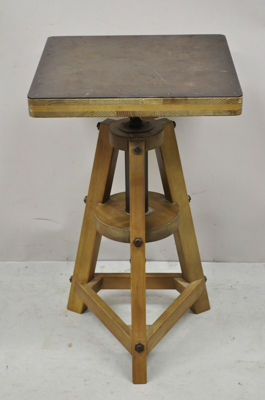 Modern Industrial Style Solid Wood Adjustable Height Metal Top Side Table