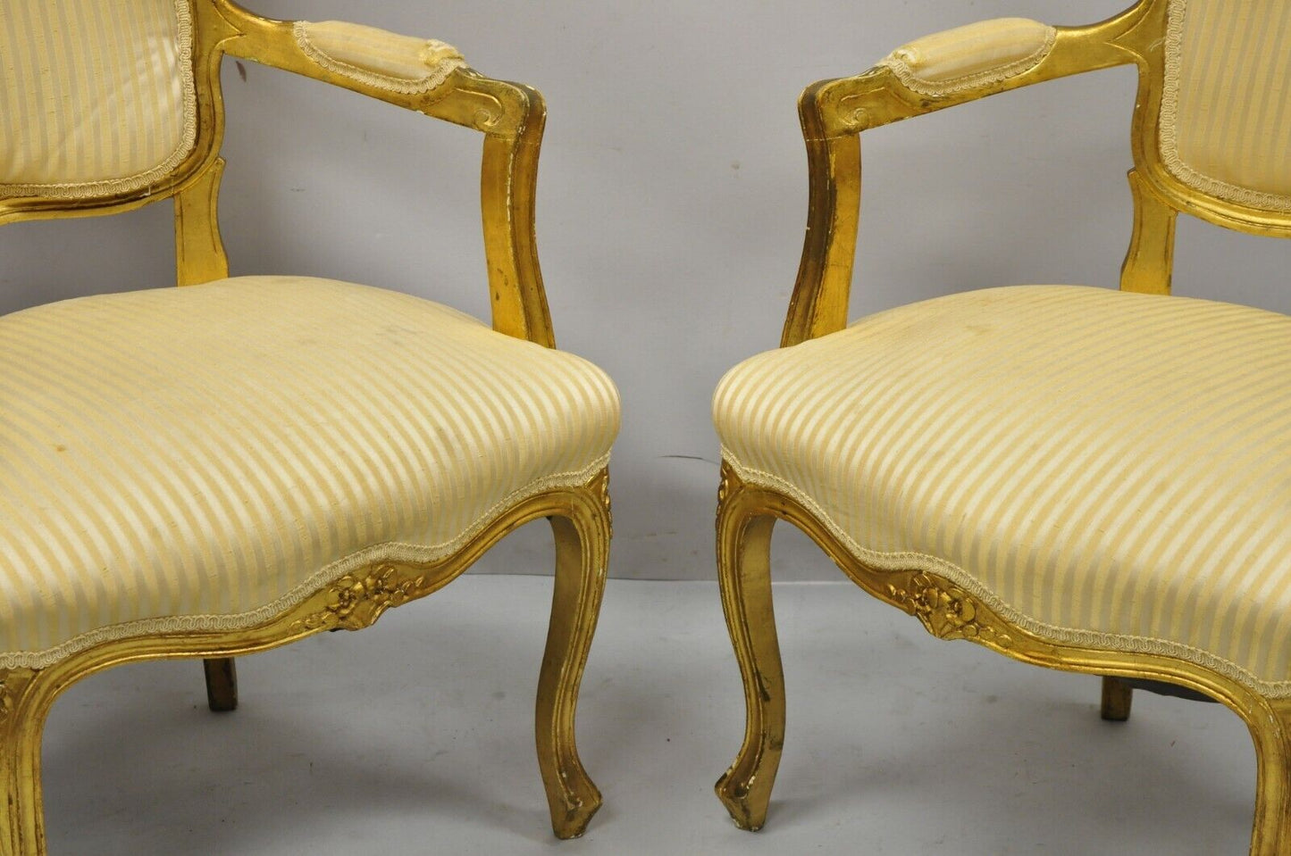 French Louis XV Style Gold Gilt Fauteuil Arm Chairs to Refinish DIY - a Pair