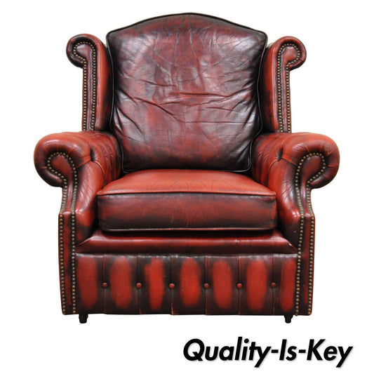 Rolled Arm Tufted Red Leather English Chesterfield Club Office Lounge Arm Chair