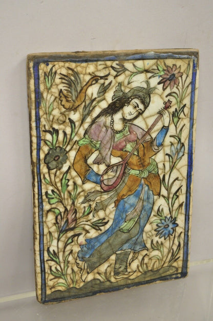 Antique Persian Iznik Qajar Style Ceramic Pottery Tile Woman Guitar Player C1