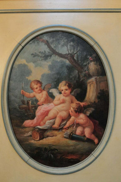 Large 19th C Painted French Louis XVI Style 82" Trumeau Mirror Depicting Cherubs