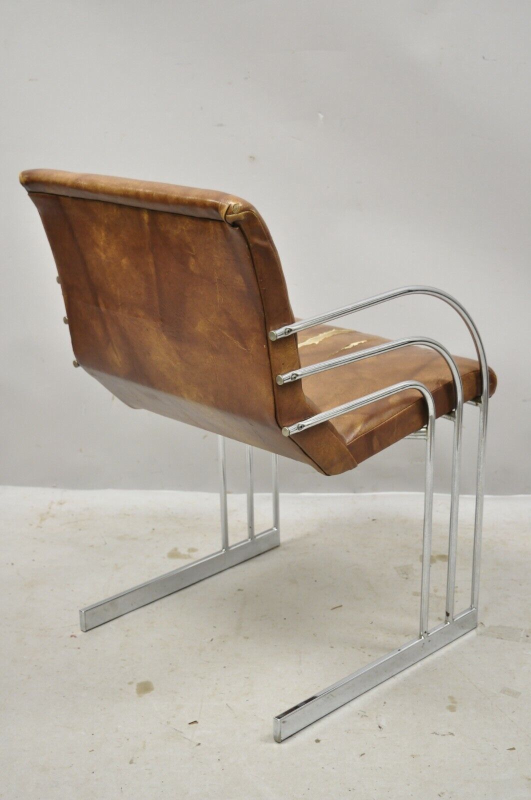 Mid Century Modern Art Deco Chrome Cantilever Milo Baughman Style Arm Chair
