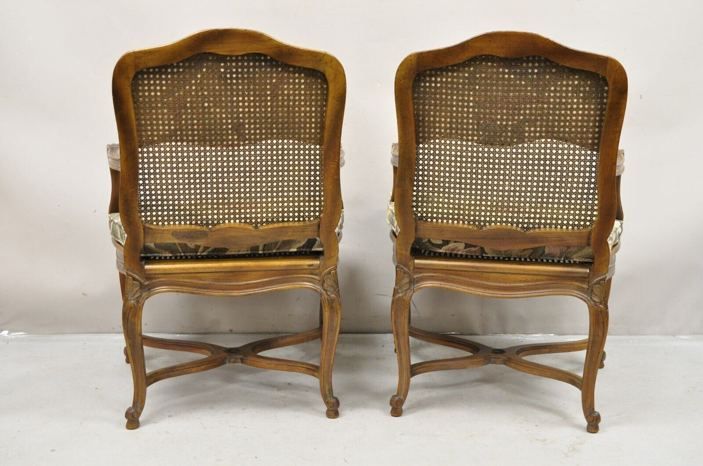 Pair Vintage French Country Louis XV Style Upholstery and Cane Lounge Arm Chairs