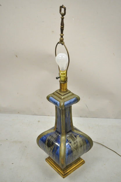 Vintage Mid Century Modern Blue Drip Glaze Ceramic Pottery Table Lamp