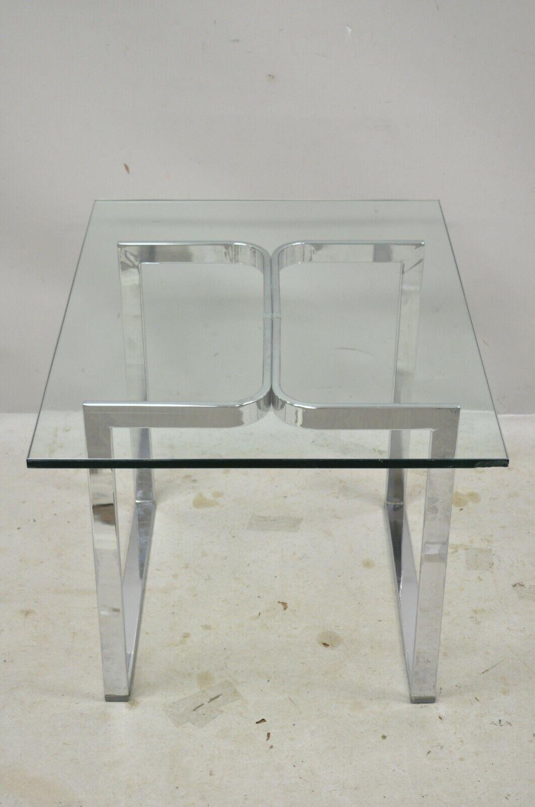 Mid Century Sculpted Chrome Base Rectangular Glass Top Occasional Side Table