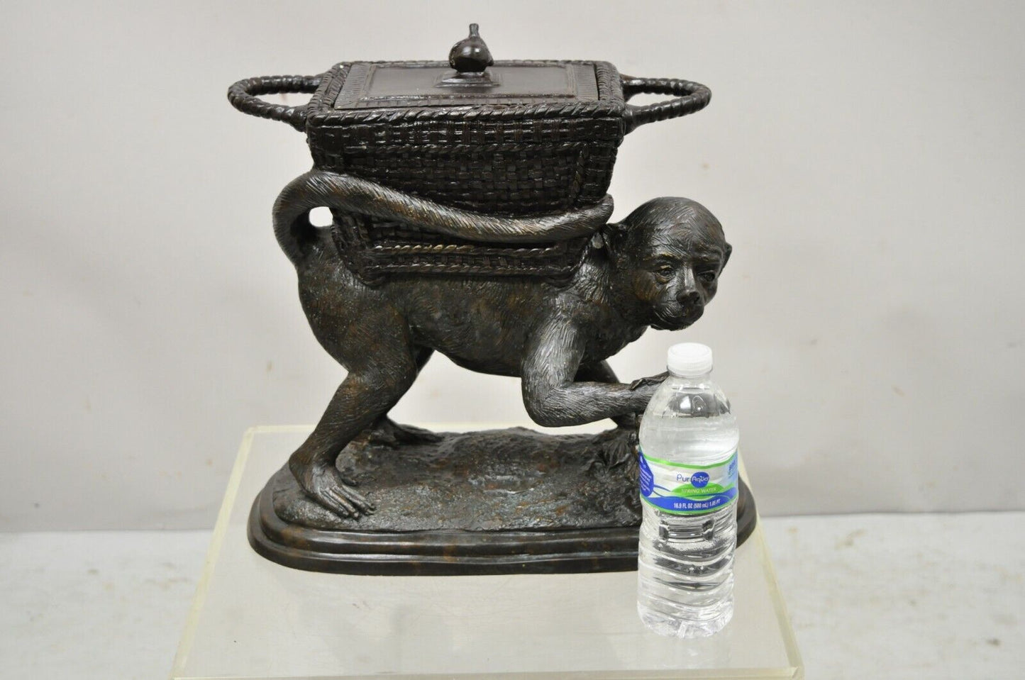 Maitland Smith Cast Bronze Monkey w/ Lidded Basket Planter Pot Statue Sculpture