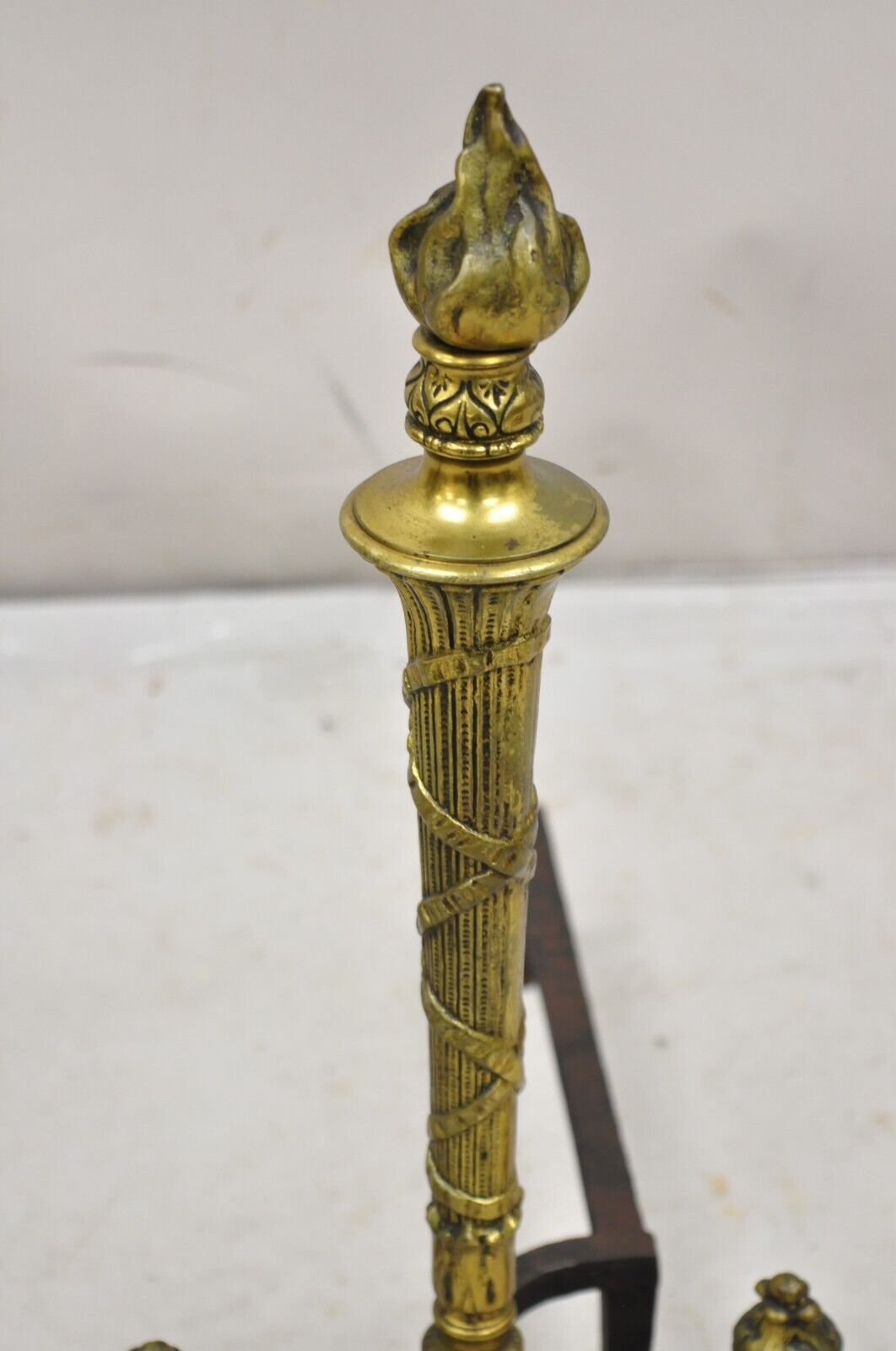 Antique French Empire Style Flame Finial Brass and Cast Iron Andirons - a Pair