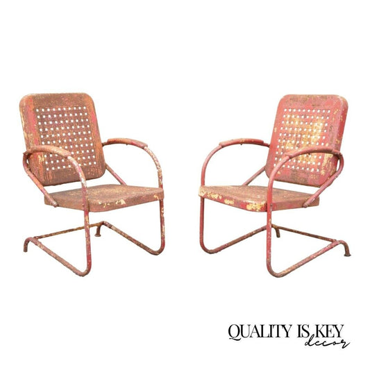 Antique Art Deco Basketweave Red Distress Paint Bouncer Garden Chairs - a Pair