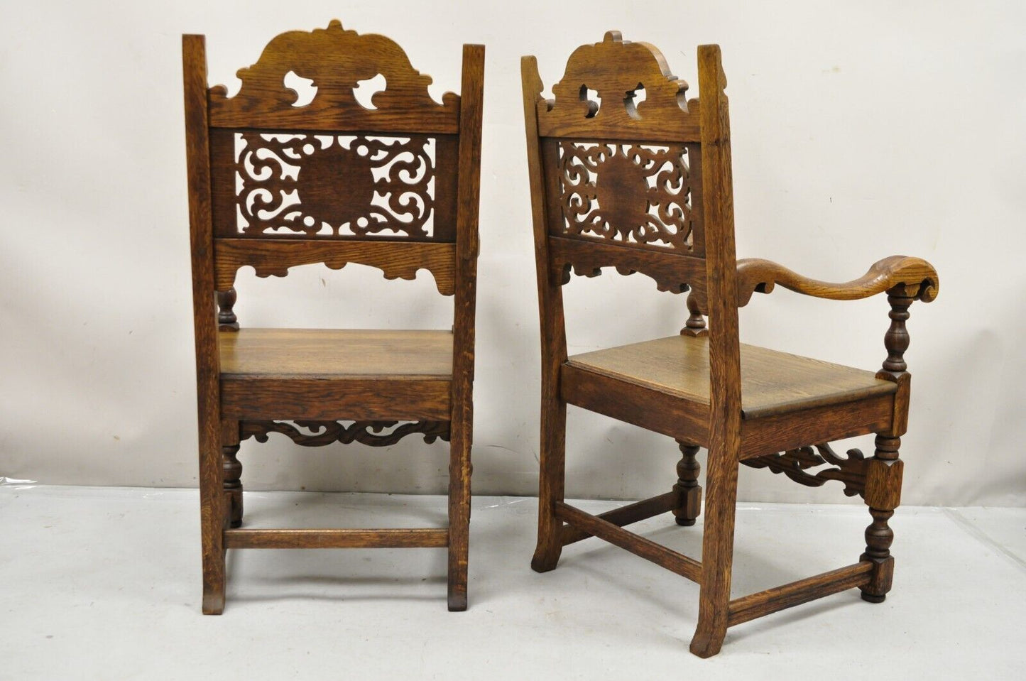 Antique Vanleigh Carved Oak Italian Renaissance Style Throne Arm Chairs - a Pair