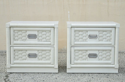 Dixie Cane Rattan Campaign Style White Hollywood Regency Nightstands - a Pair