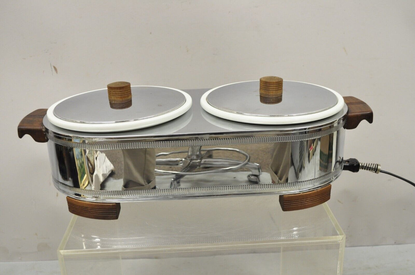 Vintage Manning - Bowman Art Deco Stainless Steel Double Warmer 2 Ceramic Dishes