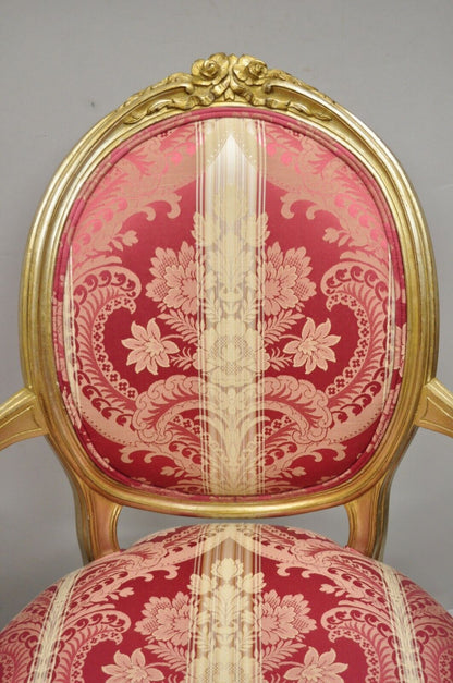 French Louis XVI Style Silver Gold Gilt Pink Damask Oval Back Arm Chairs - Pair