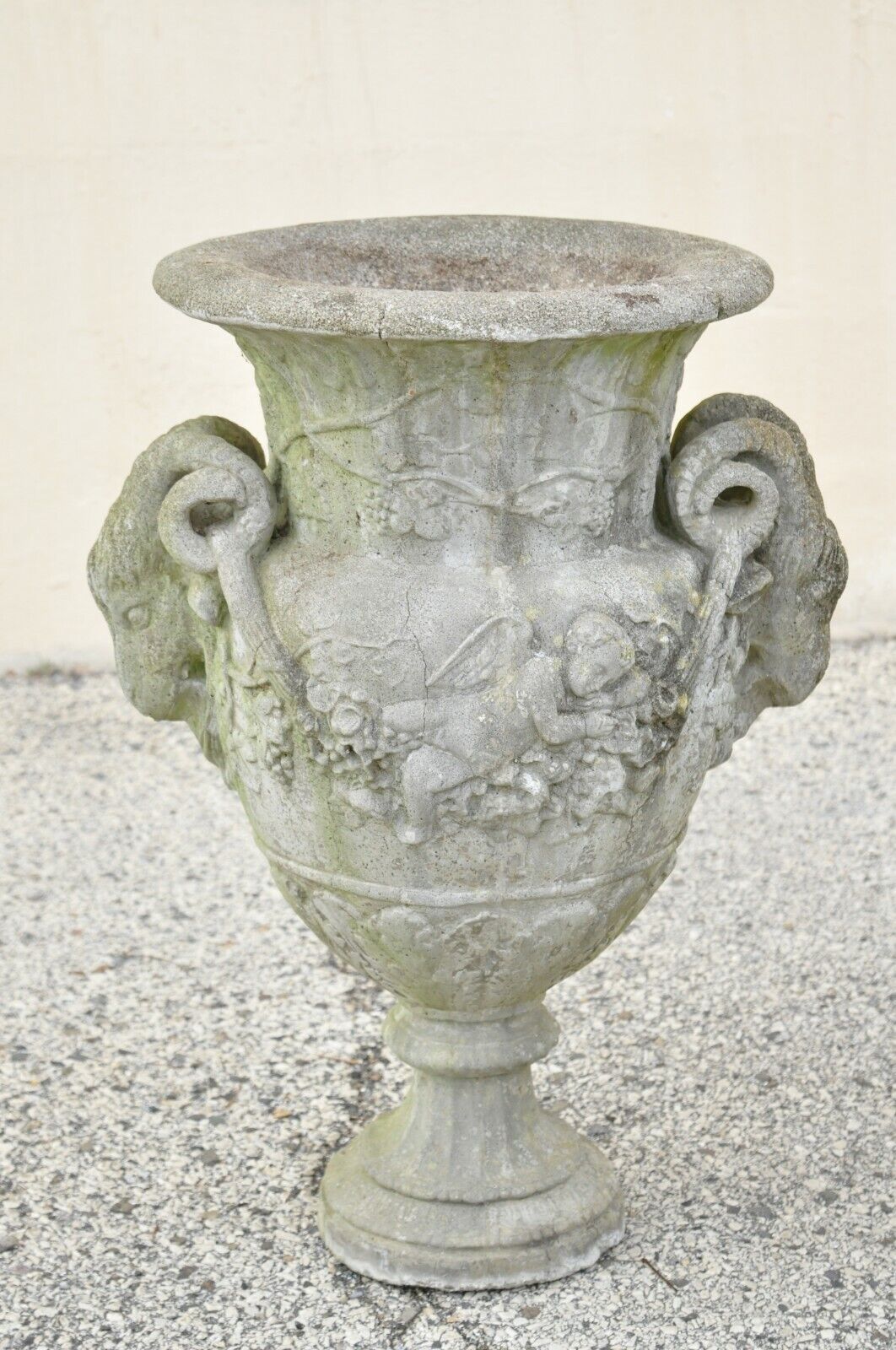 French Neoclassical 28" Concrete Figural Cherub Rams Garden Planters - a Pair
