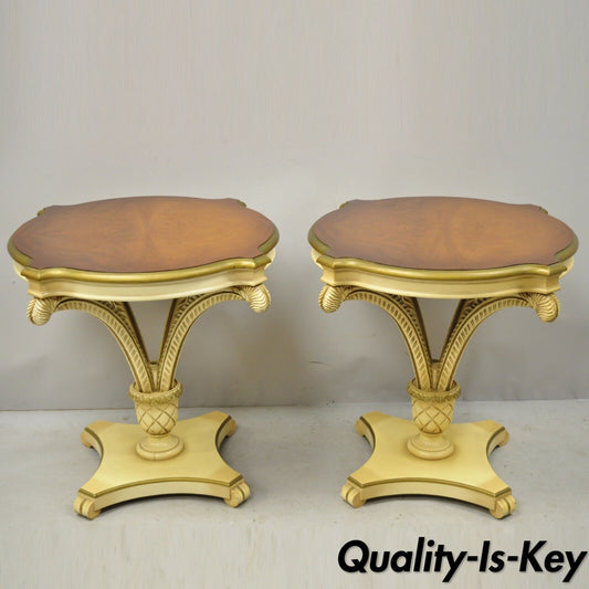 Pair Grosfeld House Plume Carved Feather Pedestal Regency End Side Tables