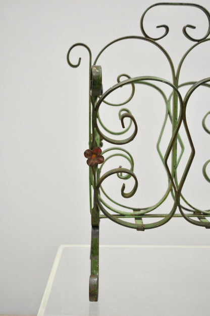 Antique Art Nouveau French Style Wrought Iron Small Green Magazine Rack Flowers