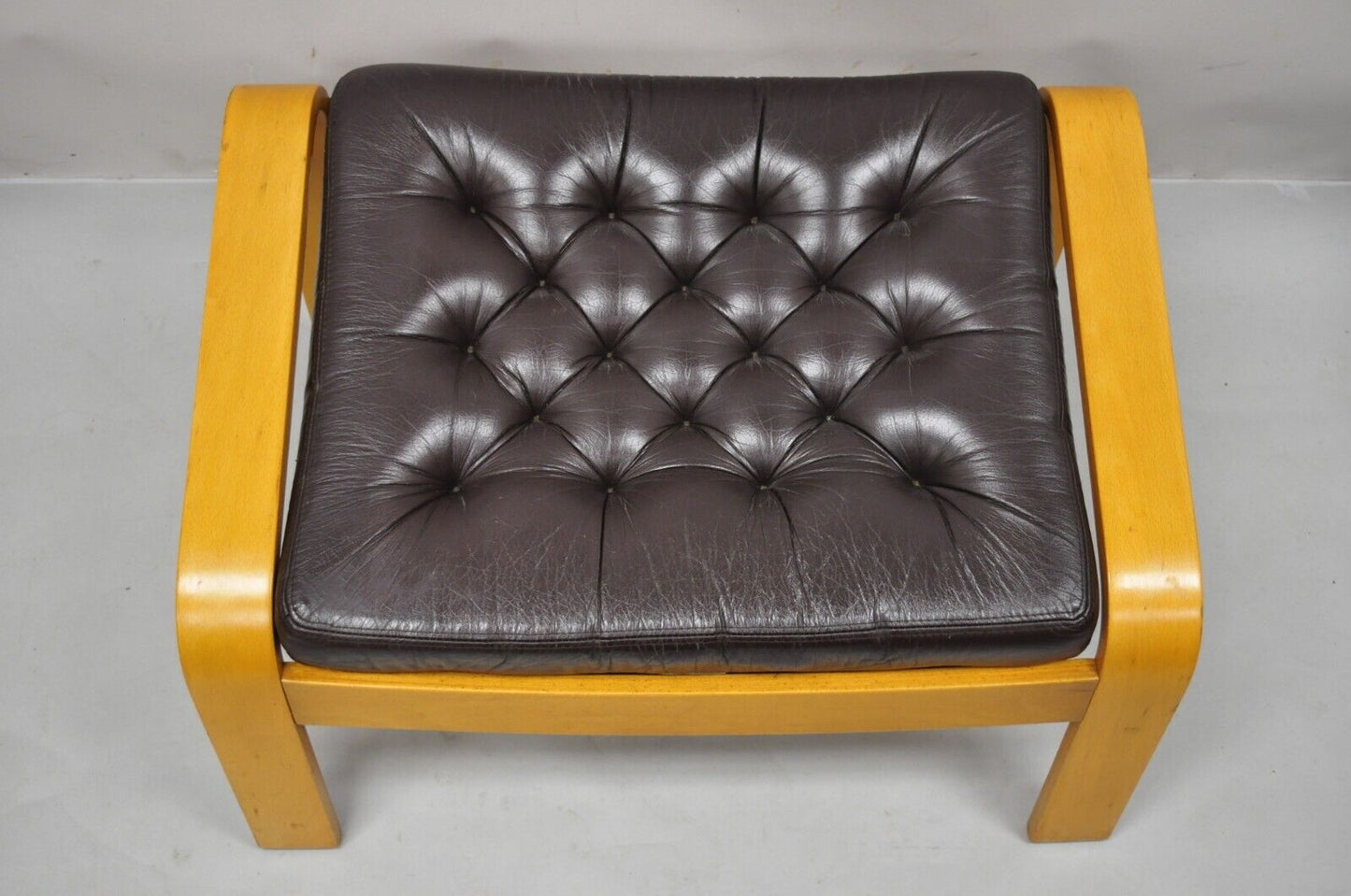 Noboru Nakamura Vintage Poang Bentwood Brown Tufted Leather Ottoman