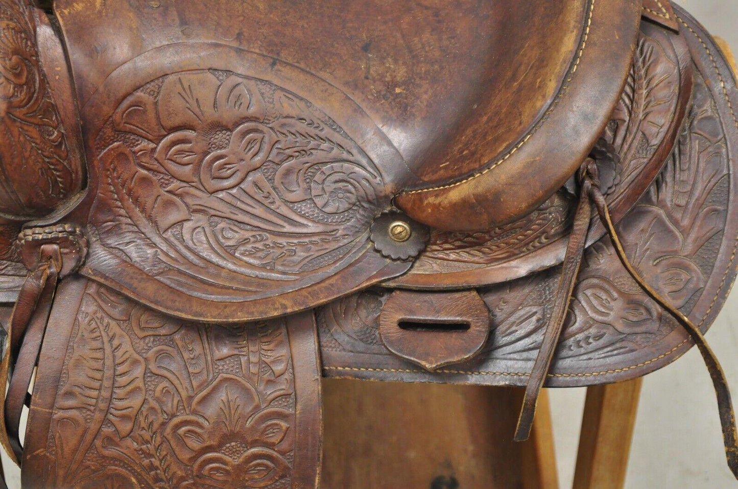 Vintage Brown Tooled Leather Embossed 14" Western Horse Saddle