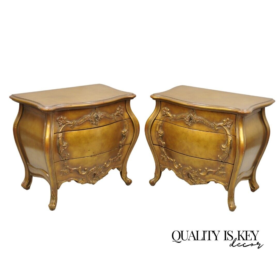 Vintage French Rococo Baroque Style Gold Gilt Bombe Nightstands -  a Pair