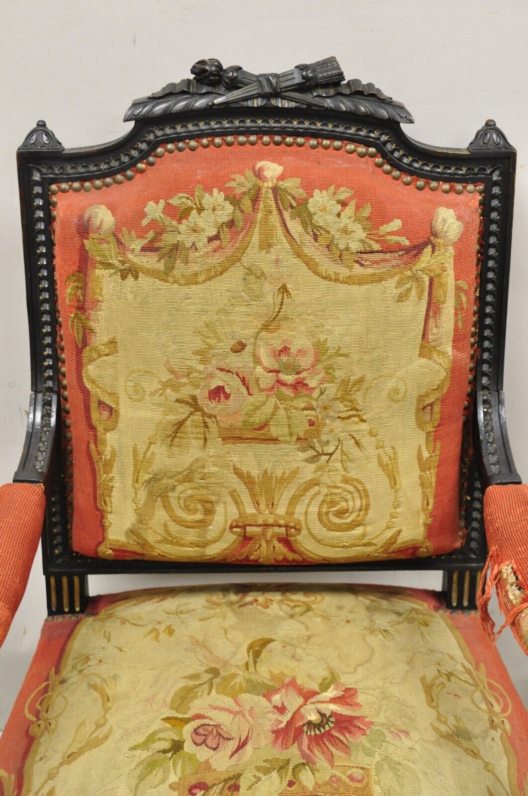 Antique French Empire Black Ebonized Walnut Needlepoint Parlor Arm Chair