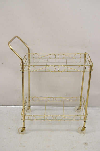 Vintage Mid Century Modern Gold Metal 2 Tier Rolling Bar Tea Cart Server