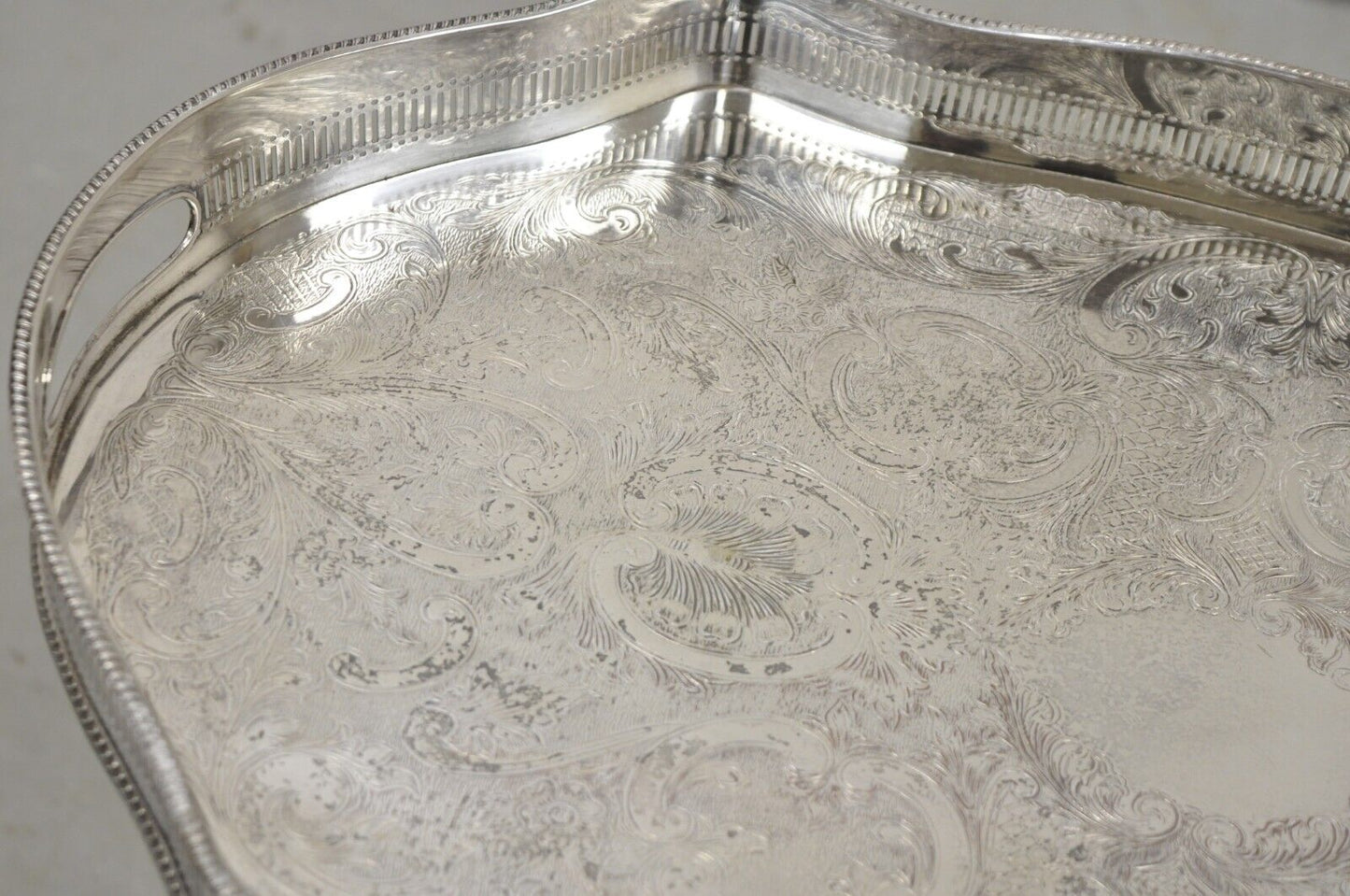 Vintage Victorian Silver Plated Pierced Gallery Scalloped Serving Platter Tray