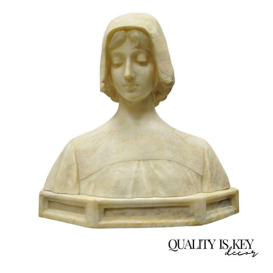 Angiolo Malavolti Carved Alabaster Antique Female Maiden Bust Sculpture Statue