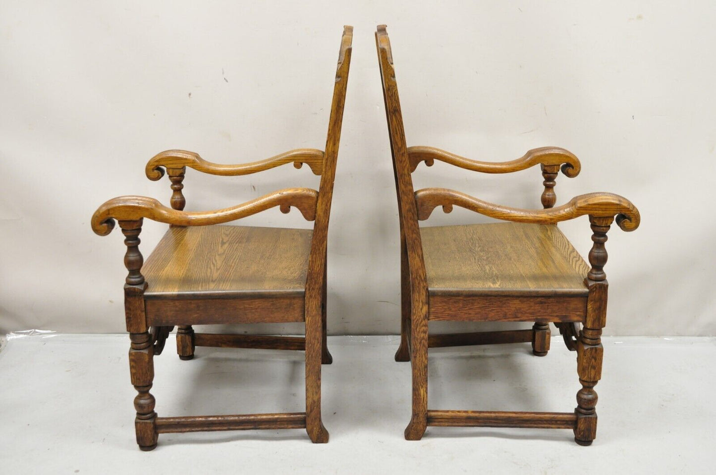 Antique Vanleigh Carved Oak Italian Renaissance Style Throne Arm Chairs - a Pair