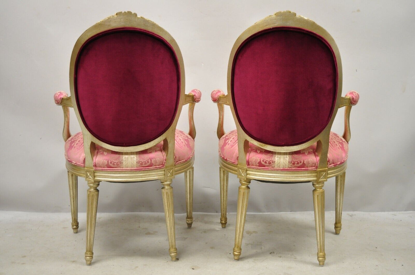 French Louis XVI Style Silver Gold Gilt Pink Damask Oval Back Arm Chairs - Pair